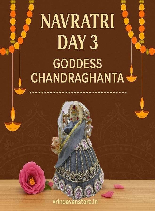 Vrindavanstore.in Navratri MATA Rani Chandraghanta Idol Dress | اليوم الثالث رمادي لينجا 11 بوصة مع دوباتا و6 بوصة تشولي | مصمم بوشاك لـ 17 بوصة أيدول | الأفضل لديفي بوجا وماندير الاحتفالي - Image 2